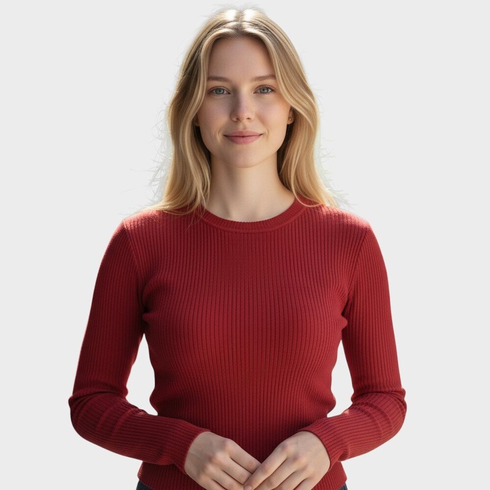 E.Y.E Sweater Womens S Red Ribbed Crew Neck Fitted Minimalist Knit Top